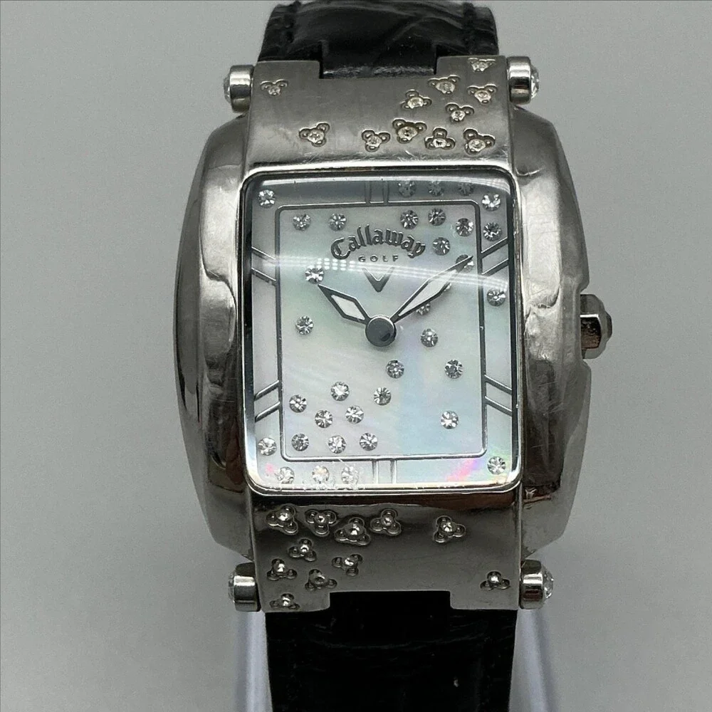 Callaway Golf Womens Watch 28mm Silver Tone Crystals Black Leather New Battery